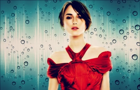 Keira Knightley - blue, dress, girl, drops, beauty, keira knightley, cehenot, actress, white, red, woman, rain, model