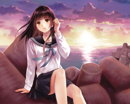 Fukahire Sanba - clouds, fukahire sanba, female, girl, ocean, brown hair, uniform, wind, sunset, cute, nice, art, sky, rocks