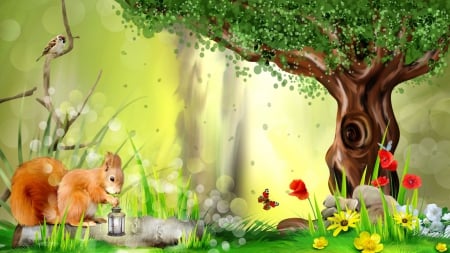 Fresh Day in the Woods - whimsical, wild flowers, squirrel, field, rocks, forest, woods, tree, poppies, grass, cute, birds