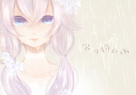 Tears  (◕︵◕) - tears, anime girl, stars, white hair, flowers, cute, art, lipstick, blue eyes