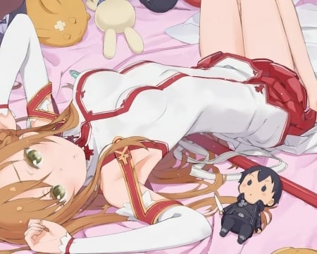 Sword Art Online - brown eyes, green eyes, brown hair, doll, Asuna yuuki, bed, cute, dolls, lie, kirito