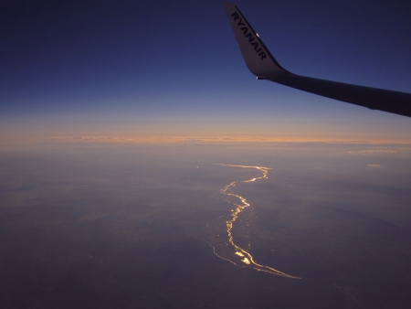 Meandering.. - horizon, sky, sun, plane, sunset, view, abstract, wing, river, red, blue