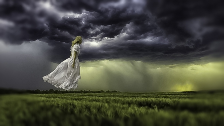 Woman - woman, blackground, cloud, tree, grass