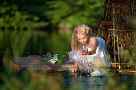 Little Princess - little lady, water, splendor, girl, hair, flowers, habds, nature, lady, princess, face, lake