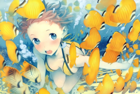 Such Beautiful Fish!! - anime, underwater, girl, ocean, fish, bathing suit