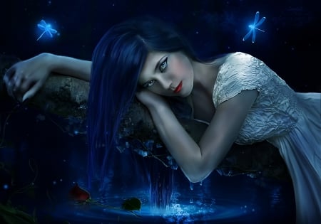 If you Believe - dreams, lady, lips, long hair, water, rose, fantasy, pure, abstract, dark, pretty, blue, beautiful