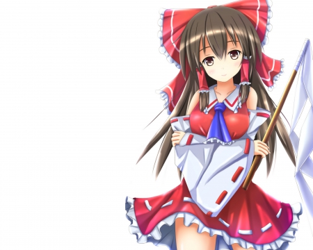 Hakurei Reimu - cute, plain, hot, anime girl, girl, shrine maiden, white, simple, hakurei, touhou, pretty, hakurei rreimu, sweet, brown hair, anime, hd, dress, long hair, reimu, nice, brown eyes, lovely, sexy, female