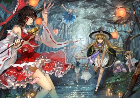 Touhou - anime, female, warrior, dress, long hair, float, touhou, fight, reimu, kirisame marisa, woods, anime girl, cirno, hot, girl, magician, lantern, witch, angry, cute, sexy, remilia, marisa