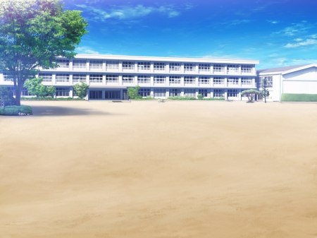 School Ground - pretty, anime, scenery, landscape, scene, school, sand, home, hd, field, nice, sky, house, realistic, beautiful, scenic, beauty, lovely, sweet, ground, cg, cloud, 3d, nauture, building