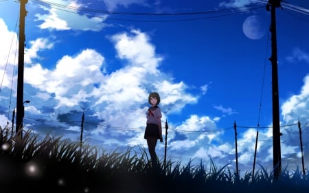 Original - Cute, Manga, Sweet, Skirt, Anime Girl, Clouds, Smile, Lovely, Brown Hair, Anime, Happy, Emotional, Landscape, Uniform, Sky, Amazing, Fun, Moon, Awesome, Beautiful, Pretty, Playful, Gorgeous, Original, Short Hair, Scenery, Simple