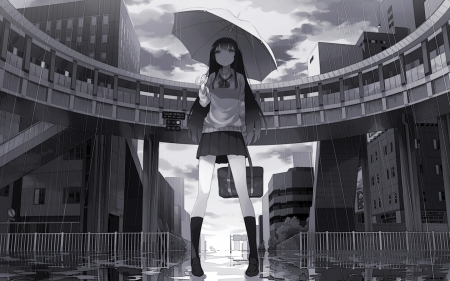 Original - Cute, Manga, Sweet, Skirt, Lonely, Anime Girl, Lovely, Anime, Upset, Long Hair, Serious, Emotional, Landscape, Uniform, Amazing, Awesome, Raining, Beautiful, Black and White, Pretty, Umbrella, Rain, Gorgeous, Original, Scenery, Simple, Sad, Sexy