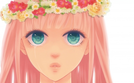 Vocaloid - Vocaloid, Elegant, Cute, Manga, Sweet, Flowers, Anime Girl, Head Band, Luka, Lovely, Anime, Upset, Emotional, HeadBand, Amazing, Awesome, Beautiful, Pink Hair, Pretty, Blue Eyes, Gorgeous, Crying, Simple, Cry, Sad, Megurine, Sexy