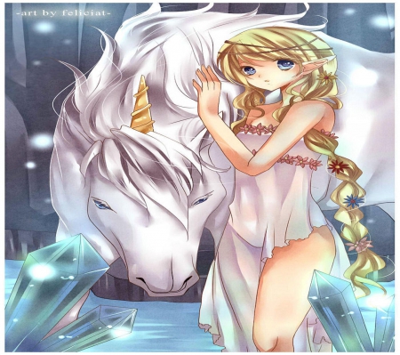 Princess and Unicorn - long hair, fantasy, orginal, blonde, elf, girl, princess, unicorn