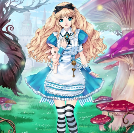 Alice - anime, female, maiden, dress, blonde, blond hair, long hair, blond, alice in wonderland, anime girl, beautiful, hot, girl, blonde hair, beauty, fantasy, mushroom, cute, sexy