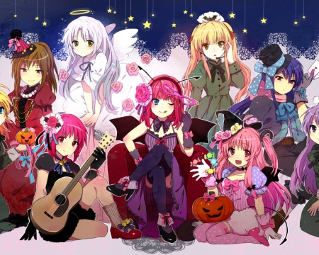 Girls Play (Angel Beats!) â™¥ - roses, shiori, guitar, angel, yusa devushki, tar, nakamura, vilion, iwasawa asami, shory hair, blonde hair, irie miyuki, yuri, shiina, cute, a play, long hair, pink hair, devil angel, red hair, yui, blue hair, pruple hair, chair, cilion, tachibana kanade, sekine, brrown hair, hisako, dress, white hair