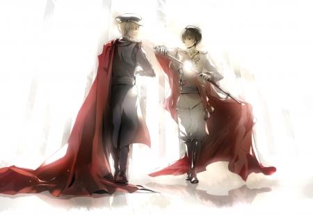 Alliance - male, uk aph, hetalia axis powers, hetalia, white background, two boys, aph, boy, anime, sword, japan aph, manga, guy