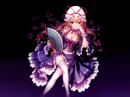 Yakumo Yukari - yakumo yukari, touhou, black background, female, anime, girl, manga