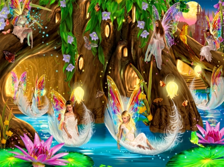 Fairytale pond - joy, magic, paradise, water, wings, colorful, reflection, fairies, tree, pond, butterflies, lilies, lake, magical, bells, playing, nature, enchanted, dreamy, lights