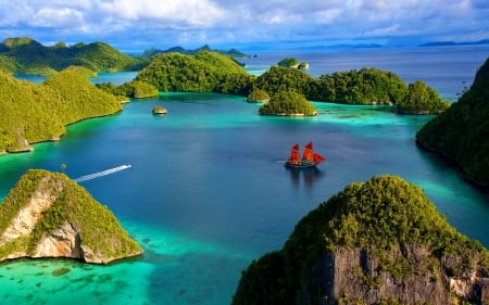 Raja Ampat islands-Indonesia - blue, island, vuew, reflection, crystal, lake, emerald, sky, water, vacation, ship, sea, travel, Indonesia, ocean, stones, nature, clear, rocks