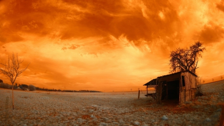 abandoned shack under orange sky - fields, shack, sky, abandined, fence, clouds, orange