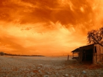 abandoned shack under orange sky