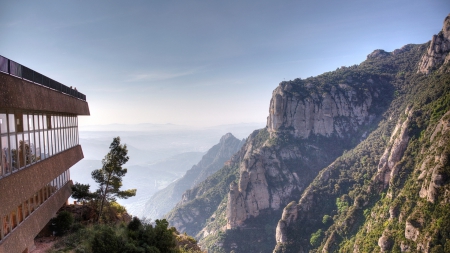 magnificent mountain view from a hotel roof - mountains, hotel, view, valley, roof, mist