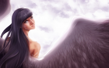 Purple angel - beauty, angel, wings, fantasy, white, purple, art, arianna fray, feather