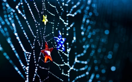 Stars and spider's web - red, rain, black, water, yellow, stars, blue, drops, spider, glitter, web