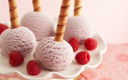 Ice cream and raspberries - summer, food, pink, sweet, ice cream, white, red, raspberry, fruit, dessert