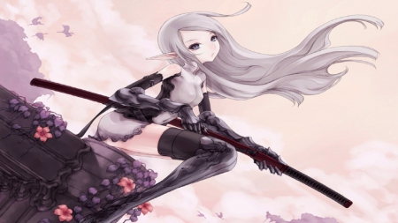 Elven Samurai - woman, beauty, warrior, samurai, fantasy, black, beautiful, pink, anime, flowers, cute