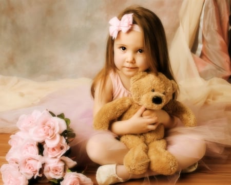 LITTLE GIRL AND HER TEDDY - girls, cute, flowers, bouquet, teddy bears, adorable, toys, children, people, kids