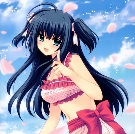 â™¡ Maiden â™¡ - beauty, nice, sky, female, hot, anime girl, pretty, cloud, petals, anime, blouse, ribbon, cute, maiden, lady, sexy, girl, long hair, lovely, hd, beautiful, sweet, smile