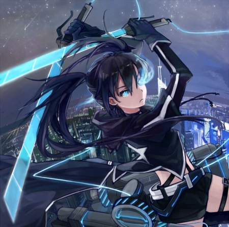 Black★Rock Kyojin - anime, twin tail, female, warrior, twintail, mad, evil, long hair, emotional, fighting, armor, black rock shooter, float, fight, weapon, sparks, shingeki no kyojin, attack on titan, twin tails, anime girl, twintails, hot, black rock, girl, blade, glow, angry, sinister, black hair, cute, crossover, sexy