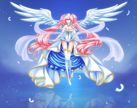 Angel - pretty, anime, twin tail, elegant, female, wing, twintail, flying, dress, angel, reflection, long hair, float, gorgeous, fly, hd, nice, pink hair, twin tails, gown, anime girl, twintails, hot, girl, feather, lovely, sweet, wings, cute, sexy