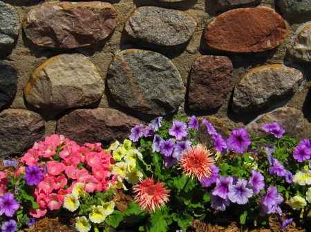 Pretty garden - pretty, summer, lovely, freshness, stones, flowers, colorful, nature, beautifuil, garden, nice, wall, park