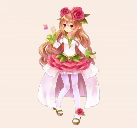 Lil' Rose - gown, flower, rose, cute, plain, blossom, sublime, anime girl, adorable, girl, elegant, gorgeous, floral, simple, pretty, kawaii, sweet, brown hair, anime, hd, dress, long hair, divine, nice, lovely, female