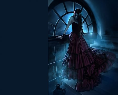 fantasy girl - red dress, night, dark, fear