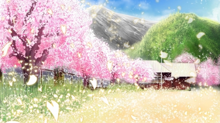 Sakura Land Flowers - pretty, windy, landscape, grass, pink, mountain, land, art, houses, hill, amazing landscape, beatiful, artwork, wind, awesome, green, sakura flowers