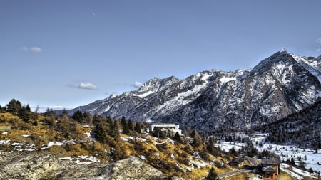 wonderful mountain lodges at end of winter hdr - lodges, winter, mountains, hdr, road