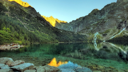 wonderful clear mountain lake - clear, sunshine, lake, mountains, rocks