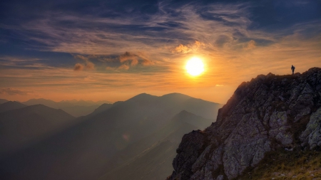 climber enjoying marvelous sunset view - clouds, sunset, view, mountains, climber