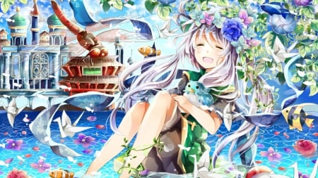 Cute Anime Girl - roses, birds, female, white hair, flowers, bugs, art, papers, skirt, water, girl, fishes, blush, smile, open mouth, paper planes, cute, adorable