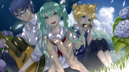 â™ª Vocaloid .â€¢*¨*âœ¿ - glasses, guitar, blue hairblue eyes, kaito, wind, siting, windy, blonde hair, ren kagamine, vocaloid high, grass, hatsune miku, blue hair, under tree, unifroms, leafs, vocaloid, singing