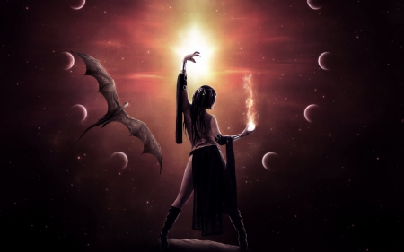 Fantasy - moon, sorceress, planet, night, light, orange, dark, giel, monster, black, fantasy, dragon, fly, red, woman, wings