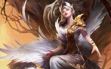 Angel - woman, angel, girl, legend of cryptids, wings, fantasy, white, queen, game, yellow, feather, golden