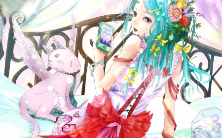 Anime girl - hatsune miku, cat, girl, wings, fantasy, white, butterfly, yellow, pink, red, blue, anime, flower, manga