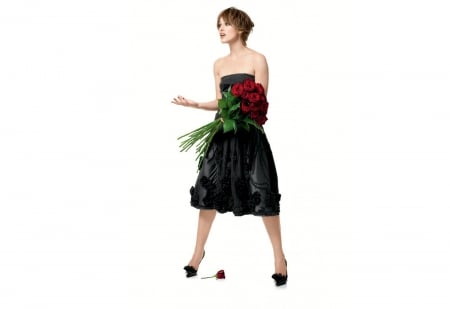 Keira Knightley - dress, girl, keira knightley, flower, bouquet, actress, black, white, red, green, woman, rose