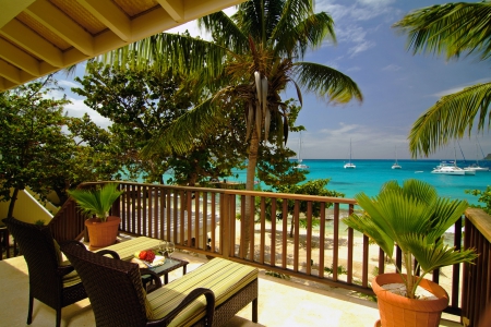 Beautiful View - water, terrace, beach, palms, sea, boats