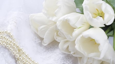 PEARLS WITH TULIPS - close up, pearls, beauty, tulips, still life, lovely, photos, white, macro, natures, beautiful, flowers