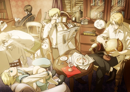 Hetalia daily life - anime, tea, drinking, mochimerica, male, group, boy, manga, aph, hetalia axis powers, hetalia, mochi